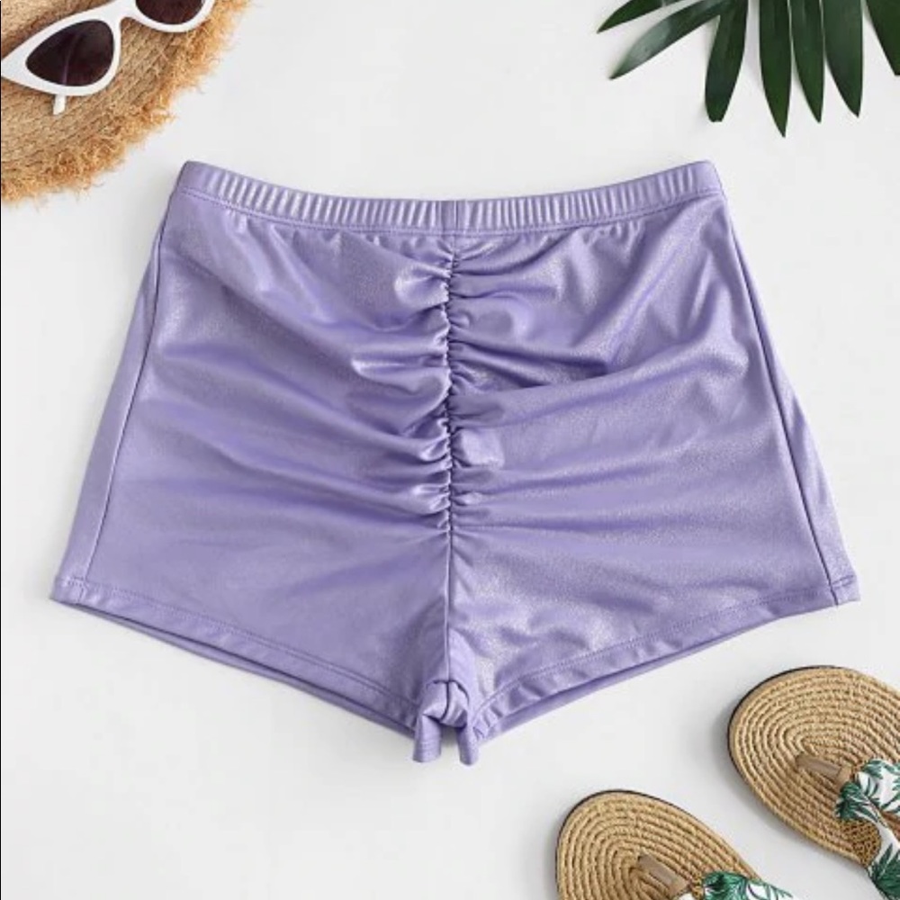 Shiny Ruched High Waisted Shorts - Picture 2 of 7